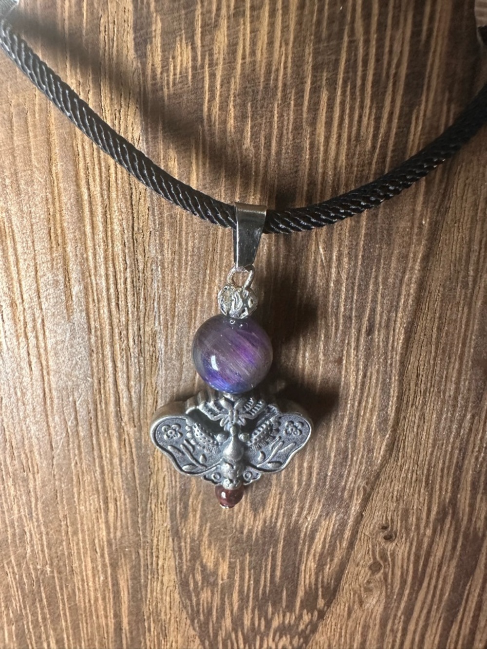 Silver Moth Charm Pendant Necklace with Garnet and Mystic Tiger’s Eye on Rope - Picture 7 of 12